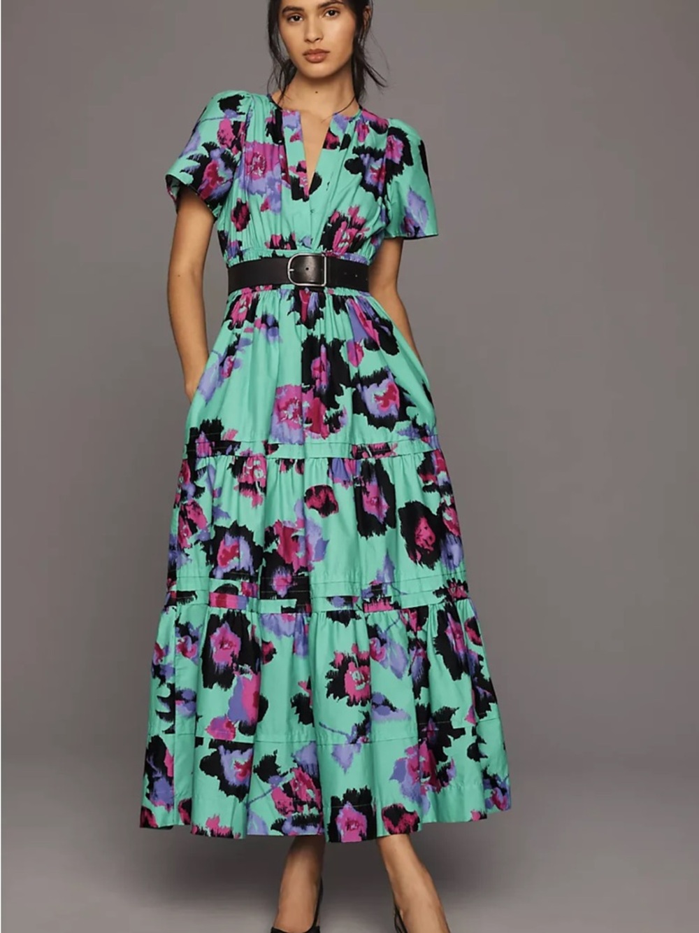 Anthropologie Mint Floral Tiered Maxi Dress with Pink & Black Floral Accents